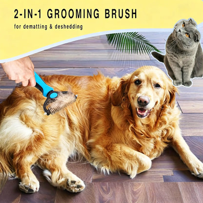 Pet Detangling Comb for Dogs & Cats. Double-Sided Grooming Brush with Undercoat Rake & One-Click Hair Removal