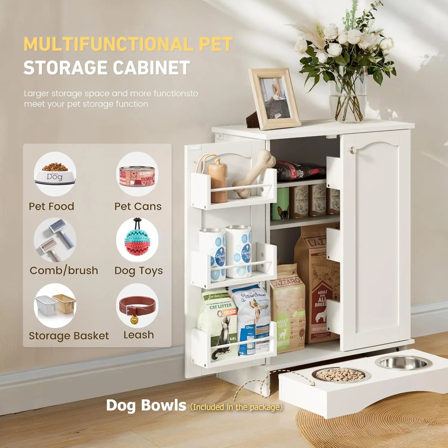 Contemporary Dog Feeding Station with Adjustable Shelves and Storage Cabinet for Cats and Dogs – White Indoor Organizer by Summergarden