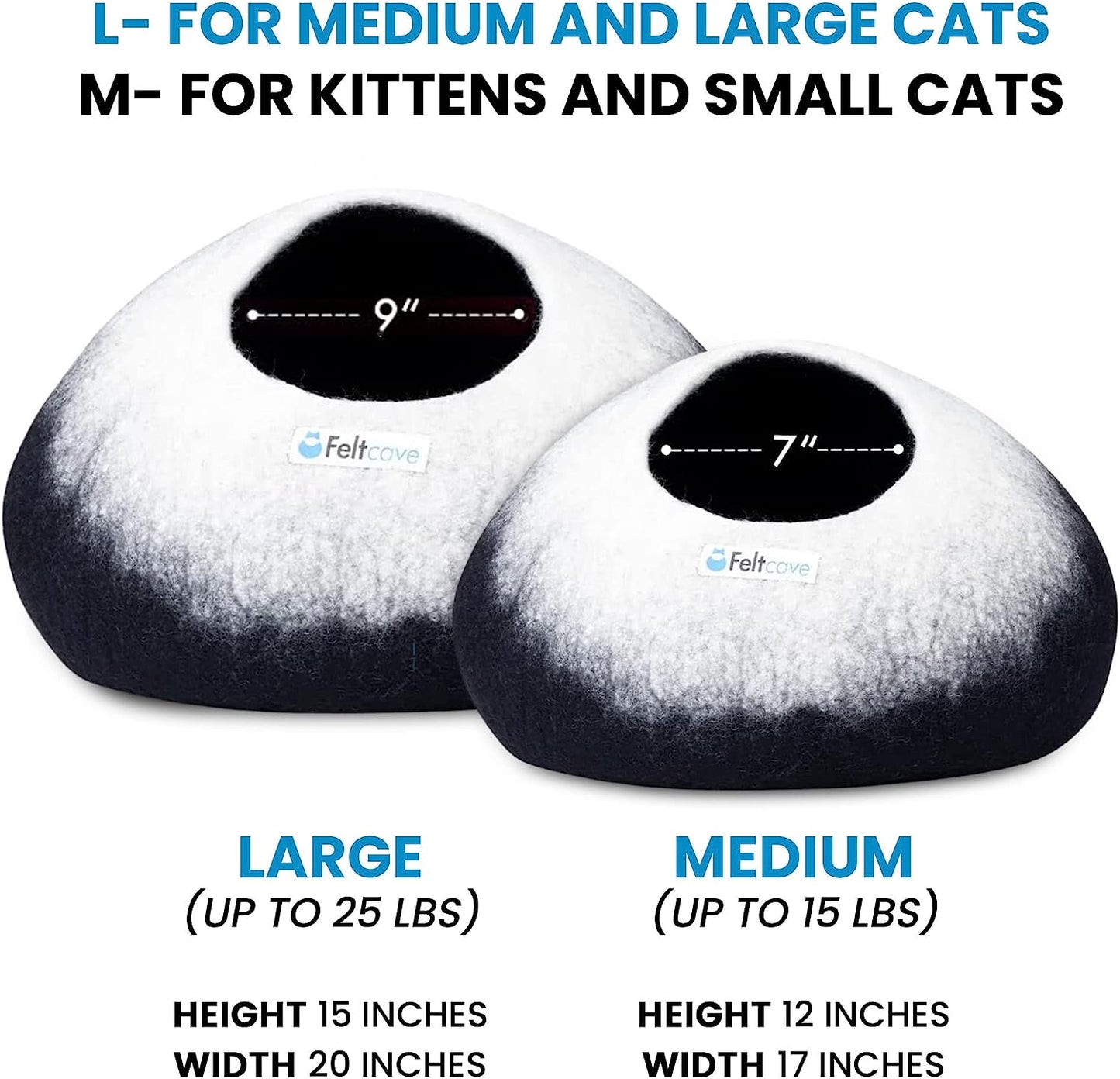 Medium Merino Wool Cat Cave Bed - Black & White Handcrafted Felt Hideaway for Indoor Cats