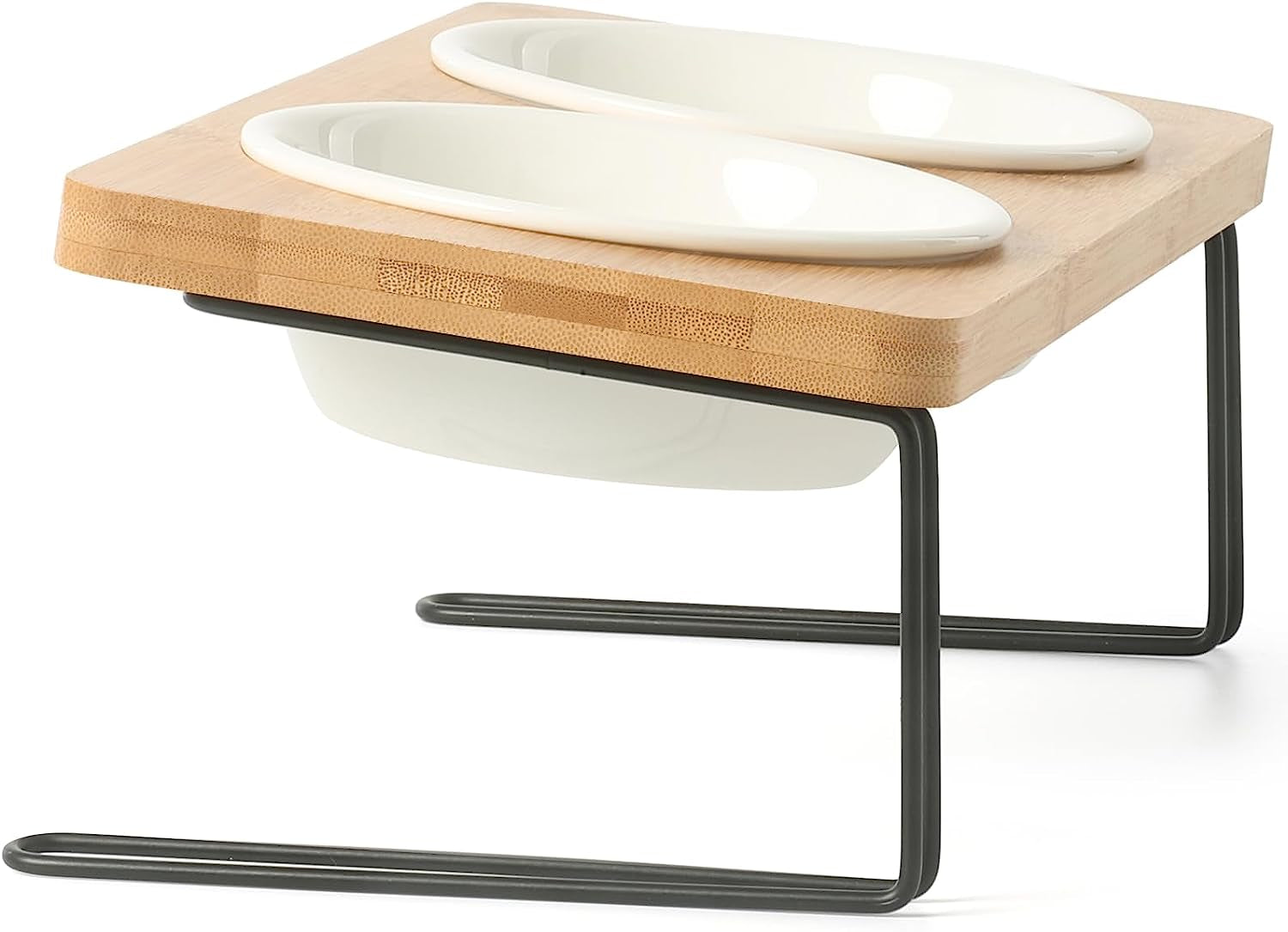 Elevated Ceramic Cat Bowls with Bamboo Stand - 15° Tilted Raised Food & Water Bowl Set for Cats & Puppies