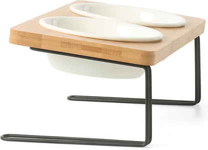 Elevated Ceramic Cat Bowls with Bamboo Stand - 15° Tilted Raised Food & Water Bowl Set for Cats & Puppies