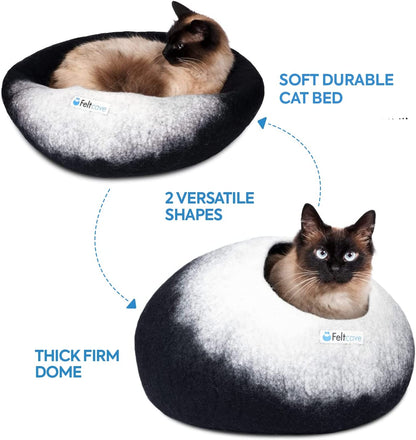 Medium Merino Wool Cat Cave Bed - Black & White Handcrafted Felt Hideaway for Indoor Cats