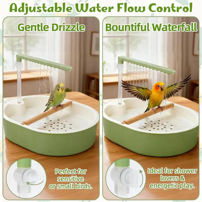 Automatic Bird Bath Tub with Water Shower & Wooden Perch for Budgies, Cockatiels & Small Birds