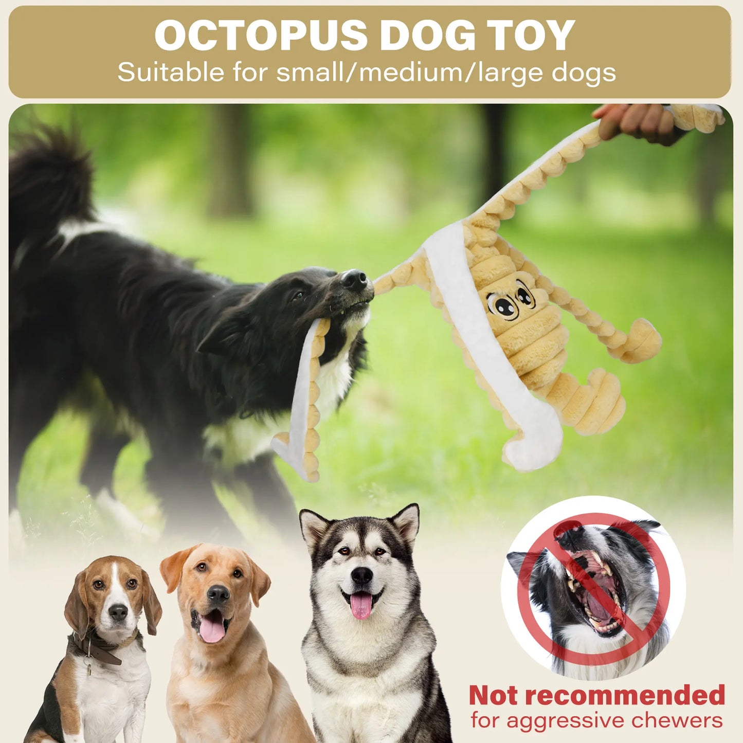 Prime Pets 27-Inch Plush Octopus Dog Toy - Squeaky Crinkle Tug Toy for Dogs