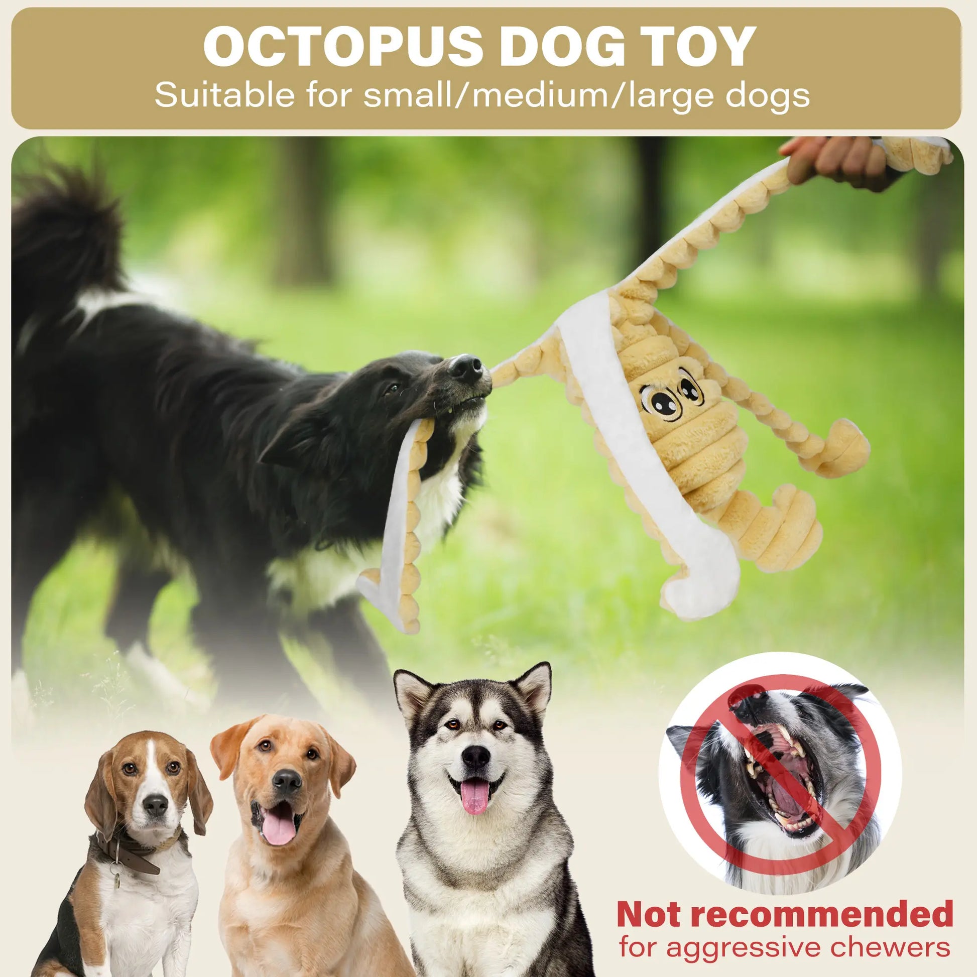 Prime Pets 27-Inch Plush Octopus Dog Toy - Squeaky Crinkle Tug Toy for Dogs