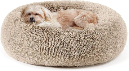 Calming Donut Pet Bed for Dogs & Cats - Soft Faux Fur Round Cuddler Bed with Non-Slip Base, 20"–30"