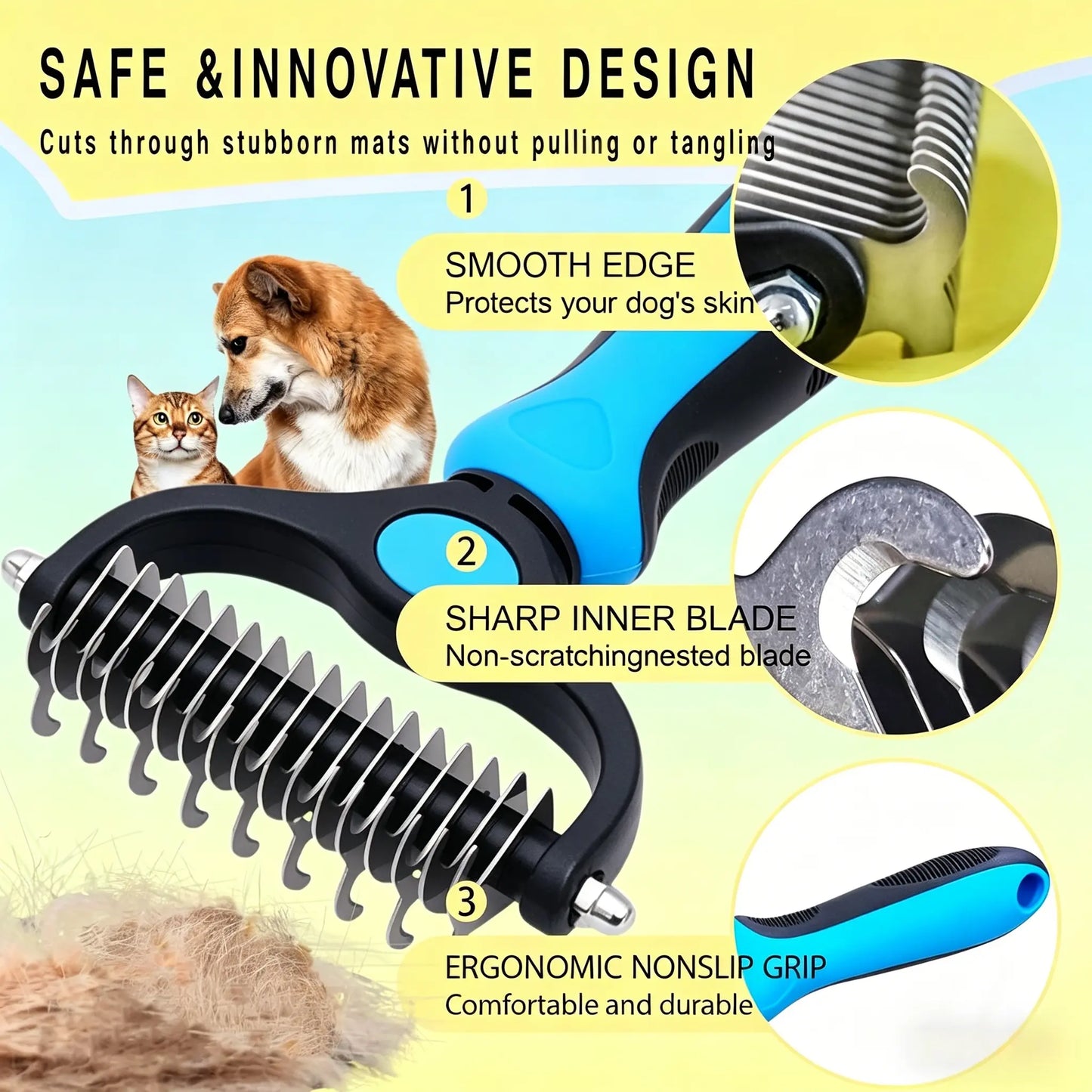 Pet Detangling Comb for Dogs & Cats. Double-Sided Grooming Brush with Undercoat Rake & One-Click Hair Removal