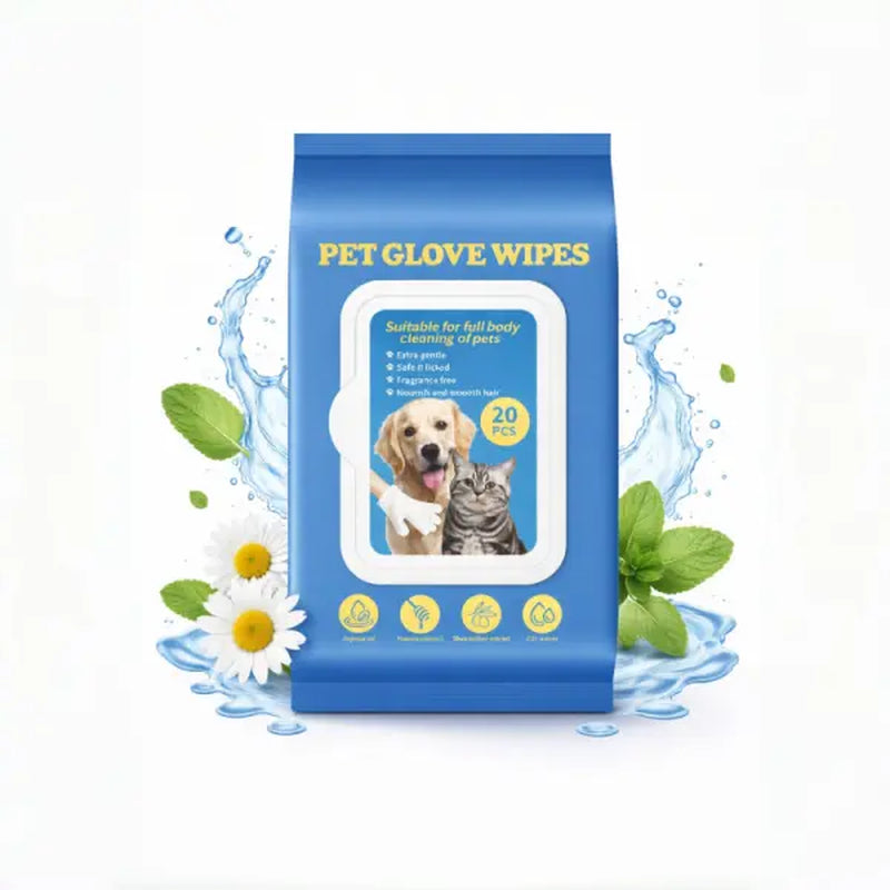 Gentle Pet Cleaning Glove Wipes for Dogs & Cats - Fragrance-Free Grooming Wipes with Jojoba Oil & Shea Butter Extract, 20 PCS