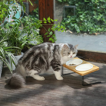 Elevated Ceramic Cat Bowls with Bamboo Stand - 15° Tilted Raised Food & Water Bowl Set for Cats & Puppies