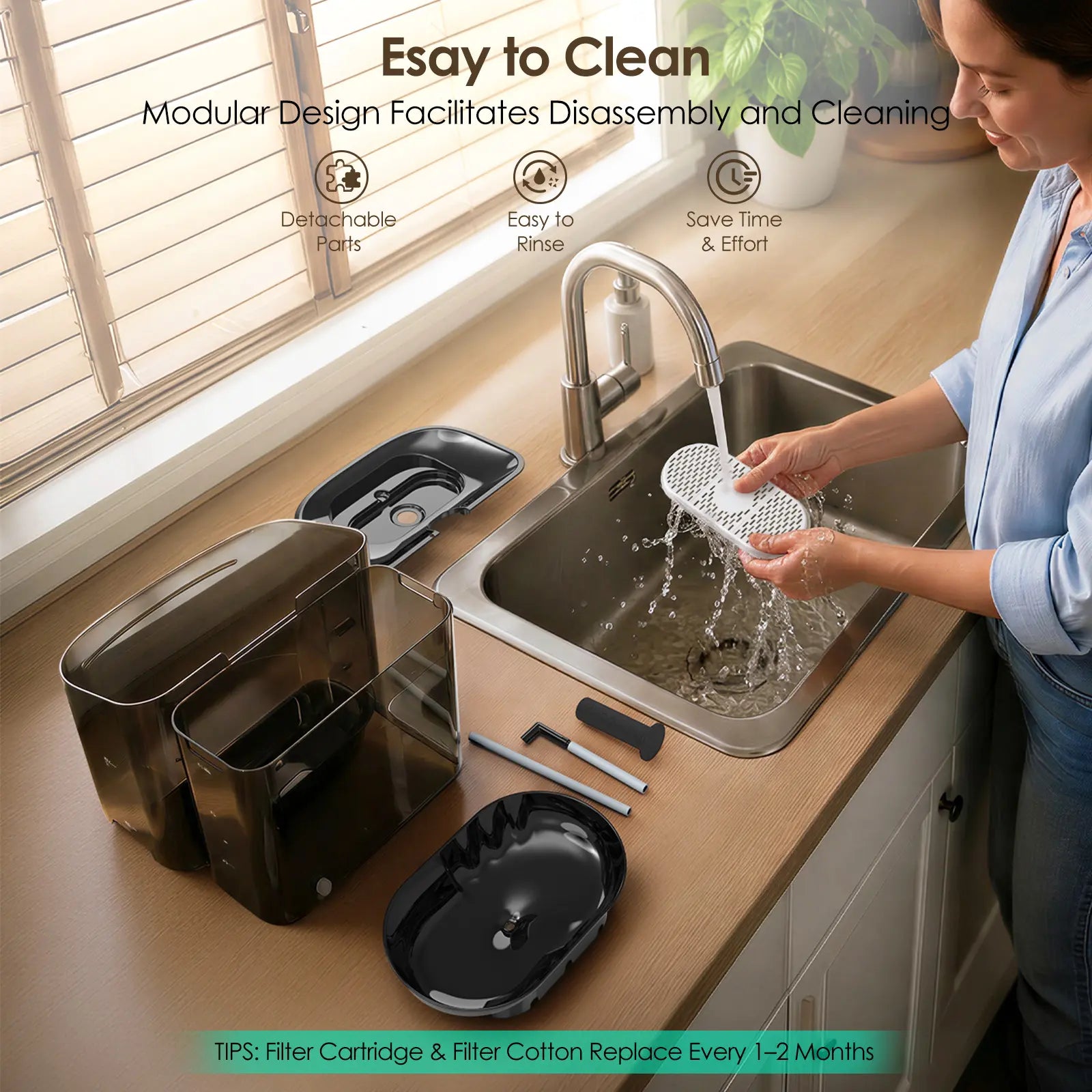 VEWO 11L Large Dog Water Fountain - No-Spill Automatic Pet Water Dispenser with Deep Basin, Black & White
