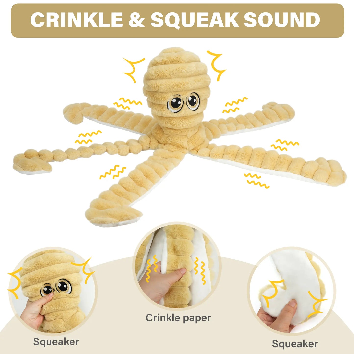 Prime Pets 27-Inch Plush Octopus Dog Toy - Squeaky Crinkle Tug Toy for Dogs